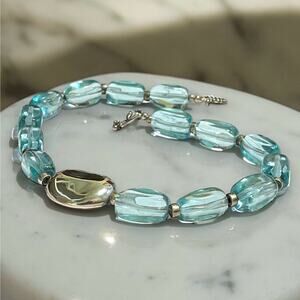 Barse Sterling Choker Womens Silver Bead Aqua Glass Beads Toggle Signed